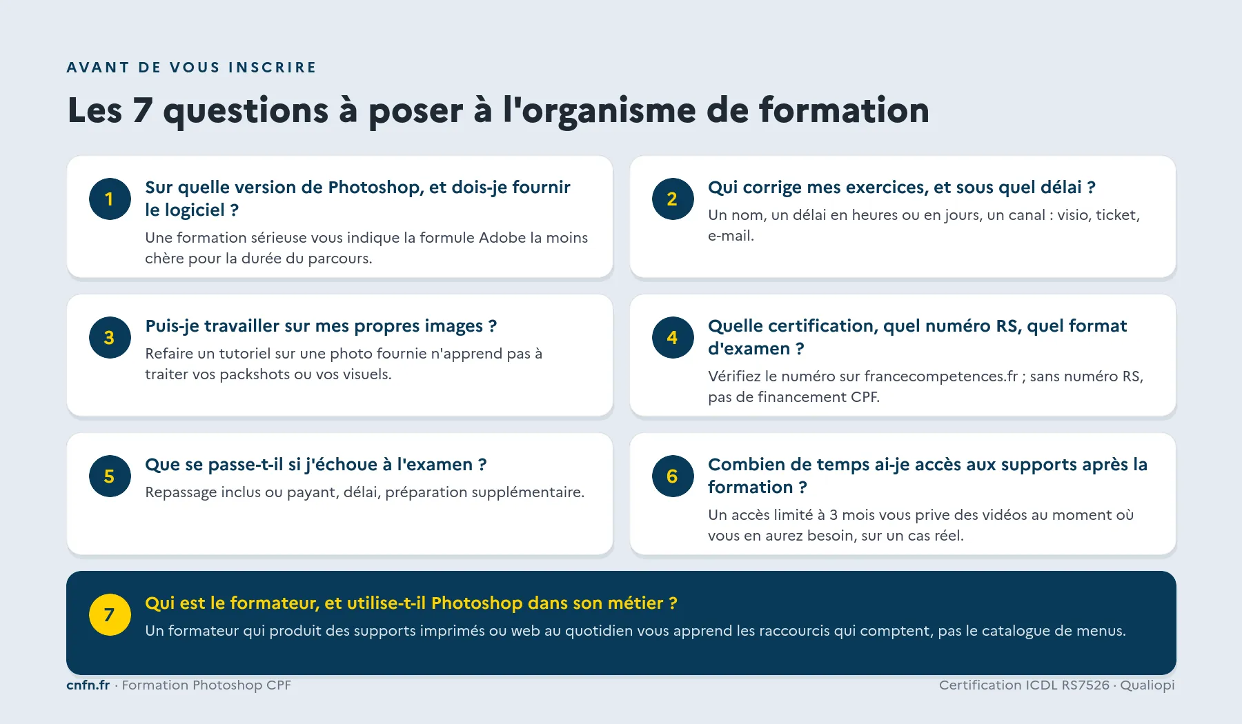 Checklist des 7 questions à poser à un organisme avant une formation Photoshop