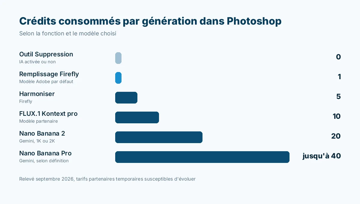 Nombre de crédits génératifs consommés par génération dans Photoshop : outil Suppression, Firefly, Harmoniser, FLUX et Gemini Nano Banana